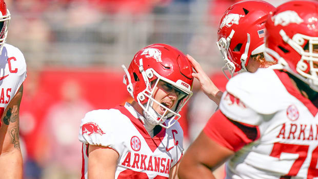 Razorbacks kicker Cam Little Against Alabama in the First Half